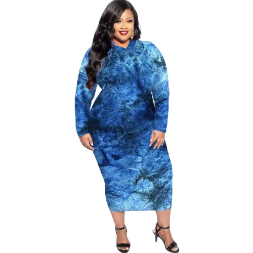 Blue Tie-dye Autumn Midi Dress Long Sleeve Plus Size Casual Dress PQSD040B