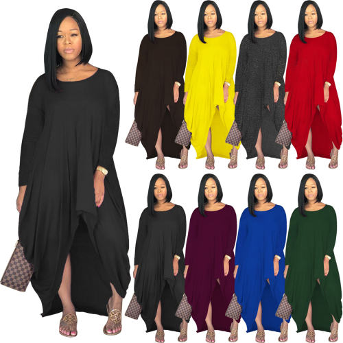 Long Sleeve Boho Dress Solid Color Irregular Maxi Dresses PQSD107B
