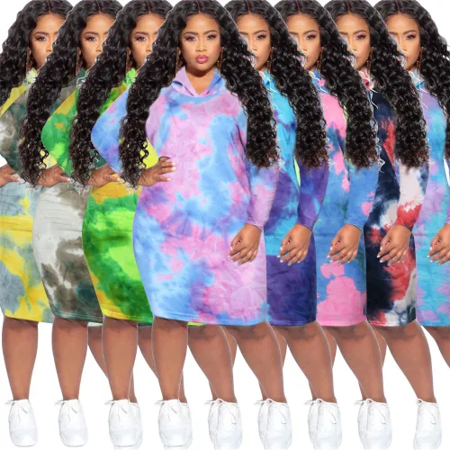 Sport Tie-dye Hoodies Dress Long Sleeve Plus Size Casual Dress PQSD039A
