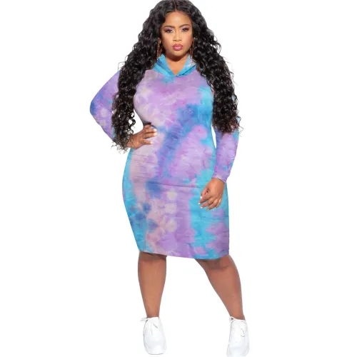 Sport Tie-dye Hoodies Dress Long Sleeve Plus Size Casual Dress PQSD039A