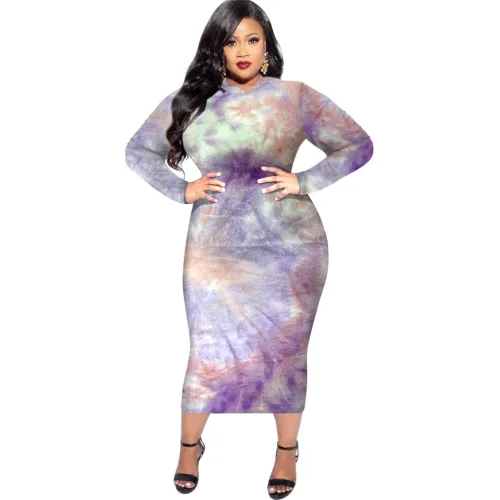 Purple Tie-dye Autumn Midi Dress Long Sleeve Plus Size Casual Dress PQSD040C