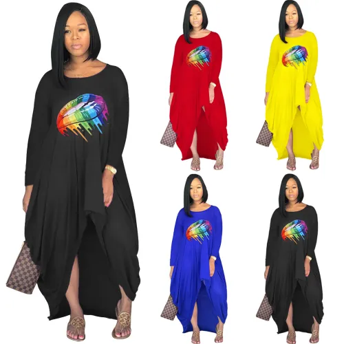 Long Sleeve Maxi Dresses Lip Offset Print Irregular Boho Dress PQSD110