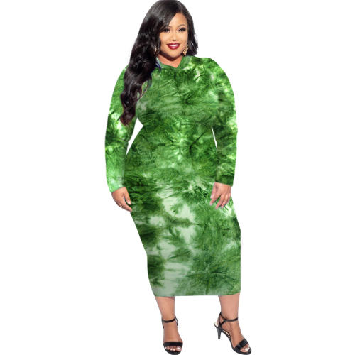 Green Tie-dye Autumn Midi Dress Long Sleeve Plus Size Casual Dress PQSD040A