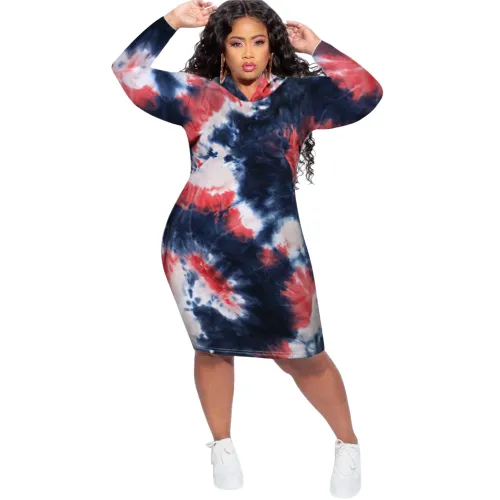 Sport Long Sleeve Casual Dress Tie-dye Plus Size Hoodies Dress PQSD039D