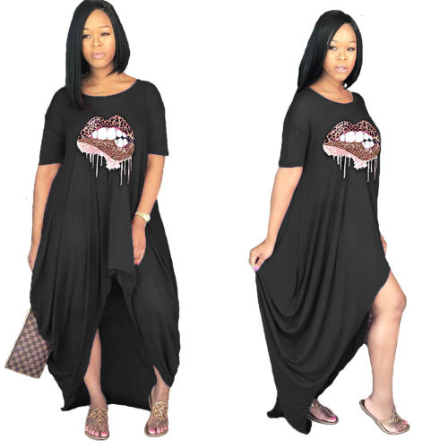 Black Short Sleeve Maxi Dresses Lip Offset Print Irregular Boho Dress PQ0077A