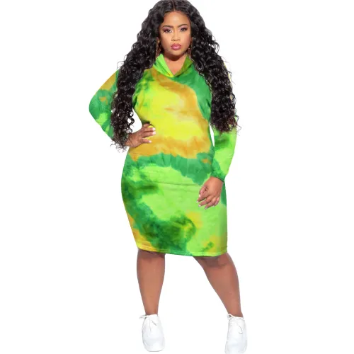 Sport Long Sleeve Plus Size Casual Dress Tie-dye Hoodies Dress PQSD039C