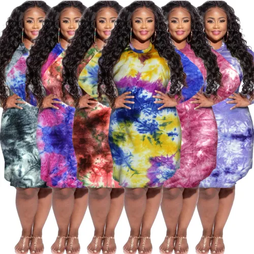 Yellow Flannel Tie-dye Casual Dresses Long Sleeve Plus Size Dress PQSD038F