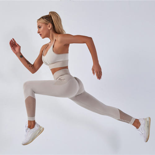 Grey Fitness Bras Yoga Outfits Women Mesh Running Leggings Bubble Butt Squat Pants PQYJ006B