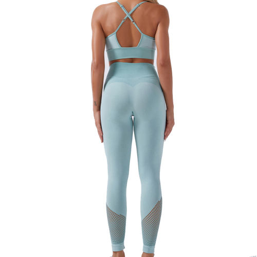 Blue Fitness Bras Yoga Outfits Women Mesh Running Leggings Bubble Butt Squat Pants PQYJ006A