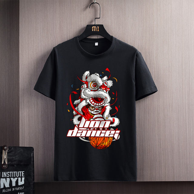 Plus Size Fashion Tee Lion Dance Cartoon Printing T-shirt Men's Summer Streetwear NYH1001B