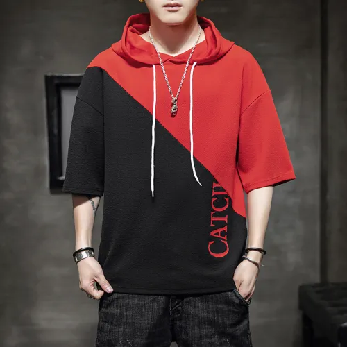 Red Summer Hooded Cotton T-shirt Men Fashion Hoodies Casual T Shirts RL8156A