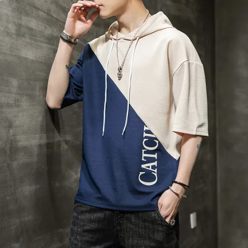 Khaki Summer Hooded Cotton T-shirt Men Fashion Hoodies Casual T Shirts RL8156D