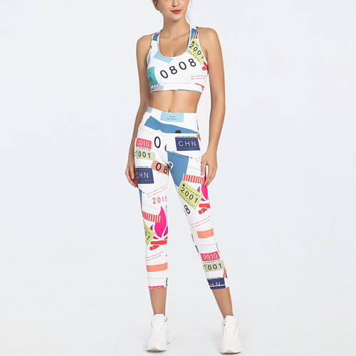 Women Bubble Butt Yoga Outfits Printed Fitness Bras with Running Leggings PQGS30027