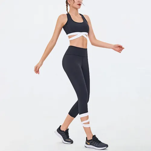 Black Fitness Bras with Sport Leggings Women Bubble Butt Yoga Outfits PQGS30030A
