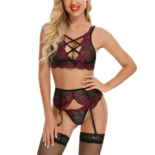 Wine Red Sexy Lingerie Lace Bra with Underwear For Women PQ4074B