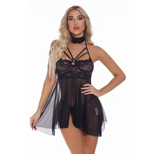 Black Sexy Babydoll Lingerie Sheer Lace Sleepwear For Women PQ4080A