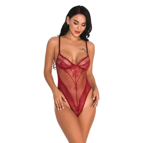 Wine Red Sheer Eyelash Lace Bodysuit Sexy Teddies Lingerie For Women PQ3279C