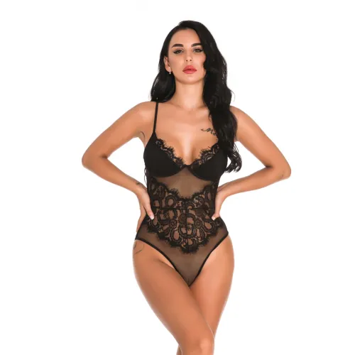 Black Sexy Sheer Teddies Lingerie For Women Eyelash Lace Bodysuit PQ3820A