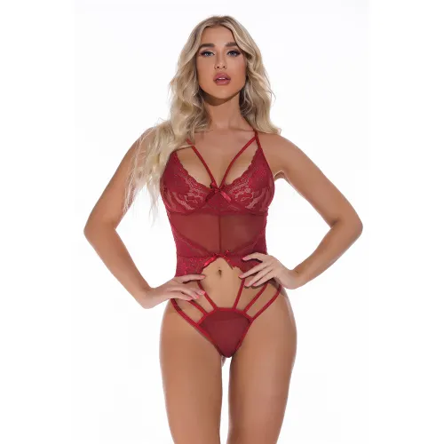 Red Eyelash Lace Teddies Lingerie Sexy Bodysuit For Women PQ4085B