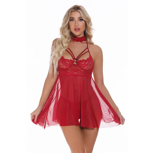 Red Sexy Babydoll Lingerie Sheer Lace Sleepwear For Women PQ4080B