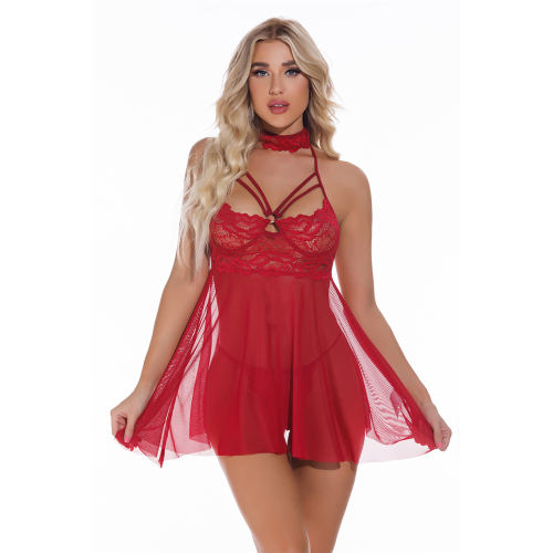 Red Sexy Babydoll Lingerie Sheer Lace Sleepwear For Women PQ4080B