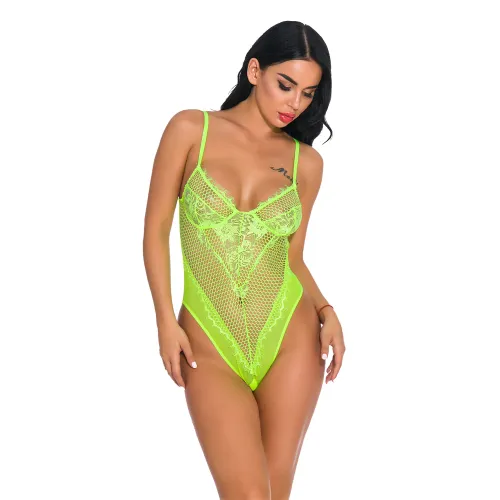 Light Green Sheer Eyelash Lace Bodysuit Sexy Teddies Lingerie For Women PQ3279D