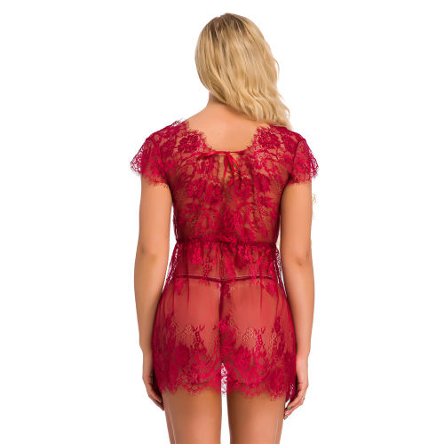 Wine Red Sexy Sleepwear Sheer Lace Babydoll Lingerie For Women PQ3530A
