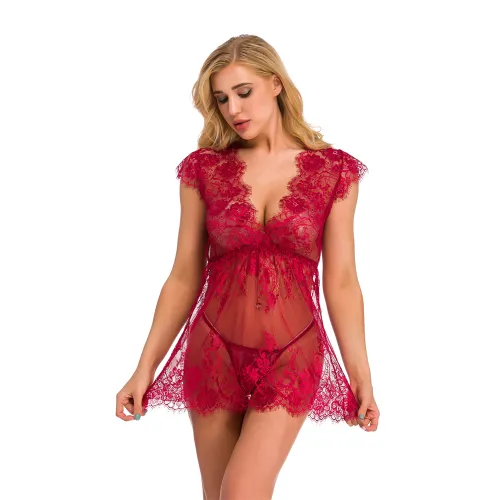 Wine Red Sexy Sleepwear Sheer Lace Babydoll Lingerie For Women PQ3530A