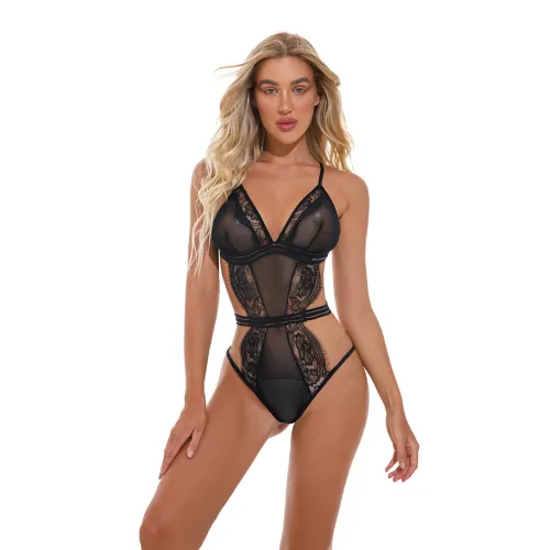 Black Sexy Teddies Lingerie Eyelash Lace Bodysuit For Women PQ4087A