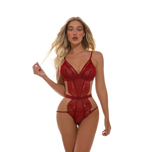 Red Sexy Teddies Lingerie Eyelash Lace Bodysuit For Women PQ4087B