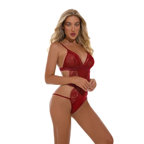 Red Sexy Teddies Lingerie Eyelash Lace Bodysuit For Women PQ4087B