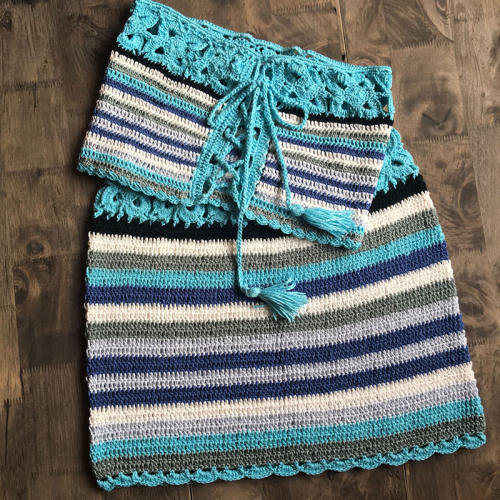 Blue Bandeau Bikini Tassel Beachwear Women Crochet Skirts PQ5925A