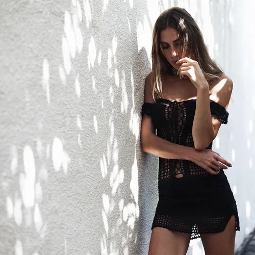 Black Knit Min Dresses Crochet Beach Dresses For Women PQ3913A