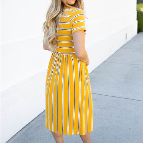 Yellow Striped Print Summer Dress For Women Short Sleeve Midi Dress PQLQ076C