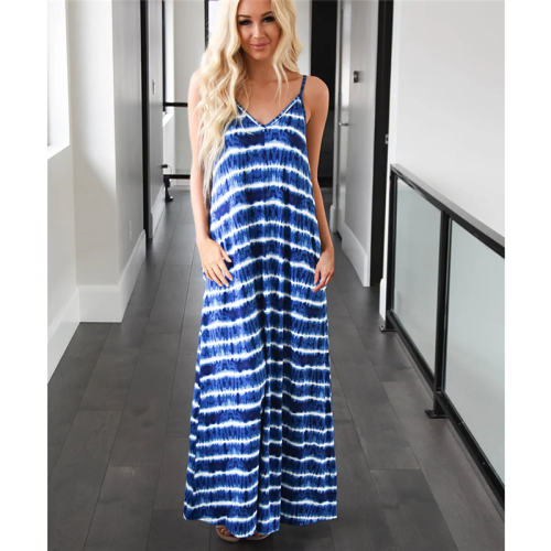 Blue Spaghetti Strap Maxi Dresses For Women Tie Dyed Boho Dress PQLQ075C