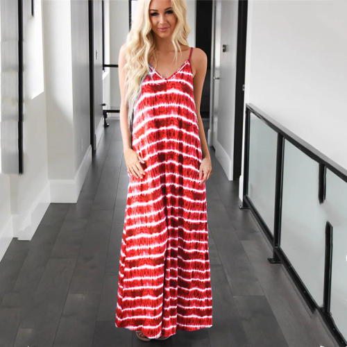 Red Spaghetti Strap Maxi Dresses For Women Tie Dyed Boho Dress PQLQ075A