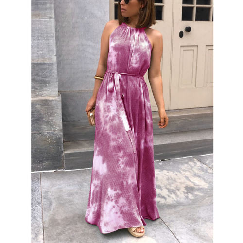 Red Halter Maxi Dresses For Women Tie Dyed Boho Dress PQLQ086A