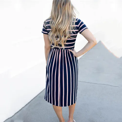 Blue Striped Print Summer Dress For Women Short Sleeve Midi Dress PQLQ076A