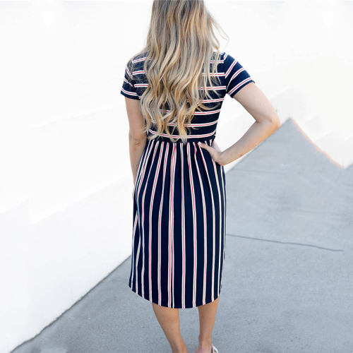 Blue Striped Print Summer Dress For Women Short Sleeve Midi Dress PQLQ076A
