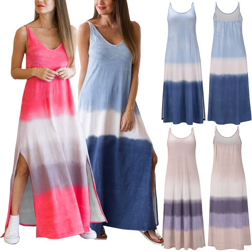 Sleeveless Maxi Dresses Striped Print Irregular Boho Dress PQLQ065