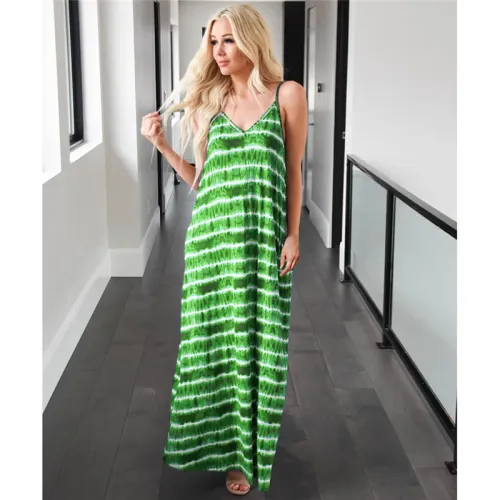 Green Spaghetti Strap Maxi Dresses For Women Tie Dyed Boho Dress PQLQ075B