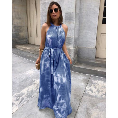 Blue Halter Maxi Dresses For Women Tie Dyed Boho Dress PQLQ086B