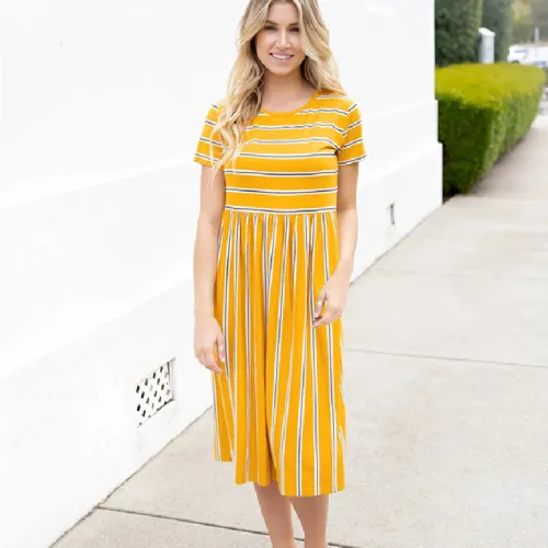 Yellow Striped Print Summer Dress For Women Short Sleeve Midi Dress PQLQ076C