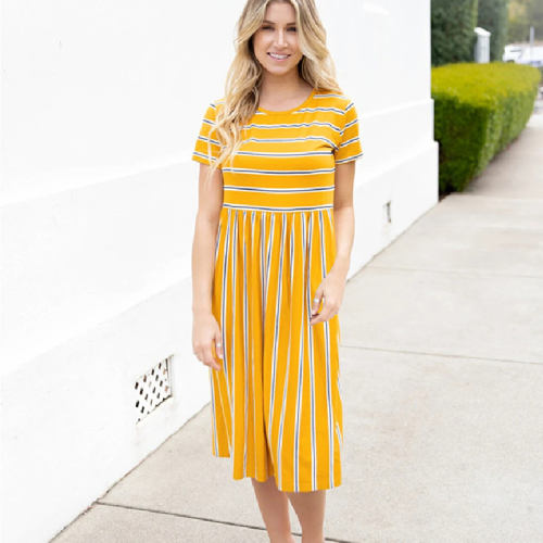 Yellow Striped Print Summer Dress For Women Short Sleeve Midi Dress PQLQ076C