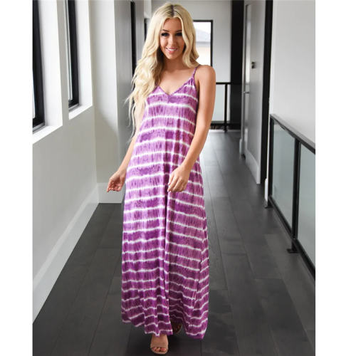 Purple Spaghetti Strap Maxi Dresses For Women Tie Dyed Boho Dress PQLQ075D