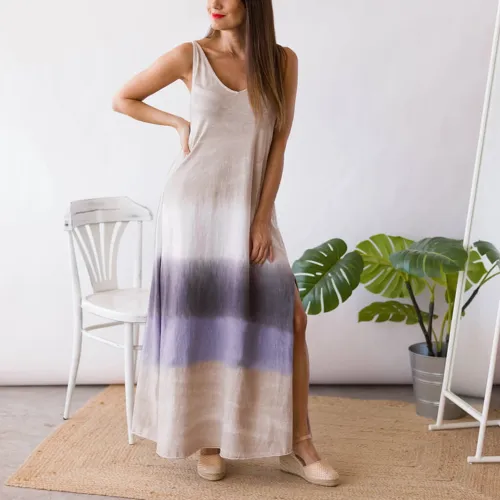 Sleeveless Maxi Dresses Striped Print Irregular Boho Dress PQLQ065