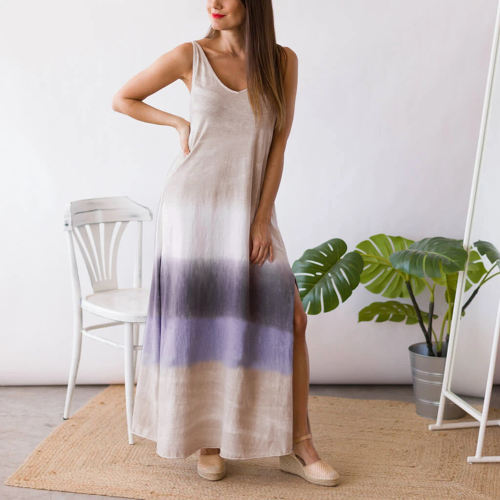 Sleeveless Maxi Dresses Striped Print Irregular Boho Dress PQLQ065