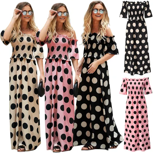 Short Sleeve Maxi Dresses For Women Polka Dot Boho Dress PQLQ074