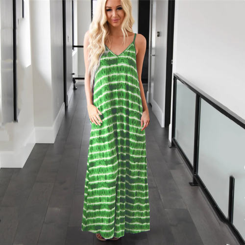 Green Spaghetti Strap Maxi Dresses For Women Tie Dyed Boho Dress PQLQ075B
