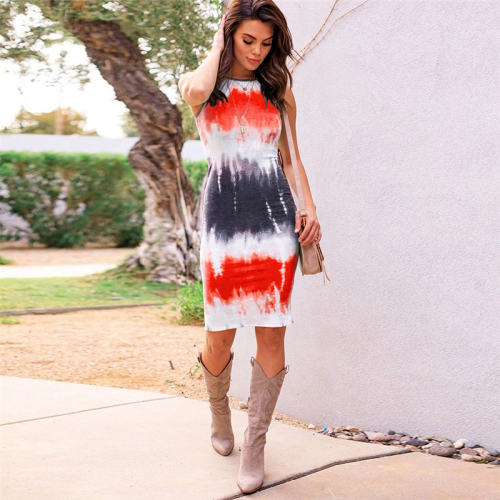 Red Fashion Tie-dyed Mini Dresses Sleeveless Summer Mini Dress PQLQ093A
